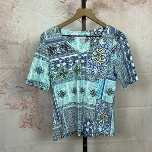 CHICO'S mosaic boho global top size 1 M patchwork artisan tile print shirt